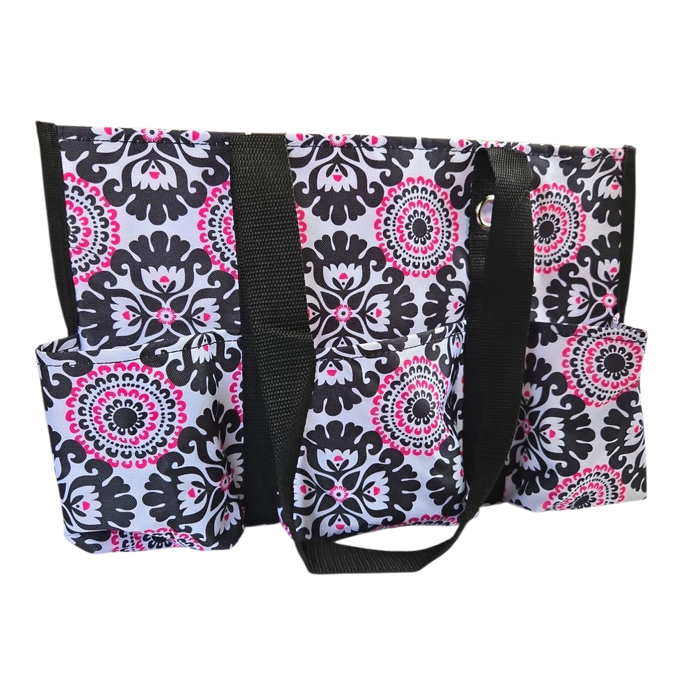 NWT ~~ Thirty-One Black and Pink Floral Utility Tote Bag 7 pockets